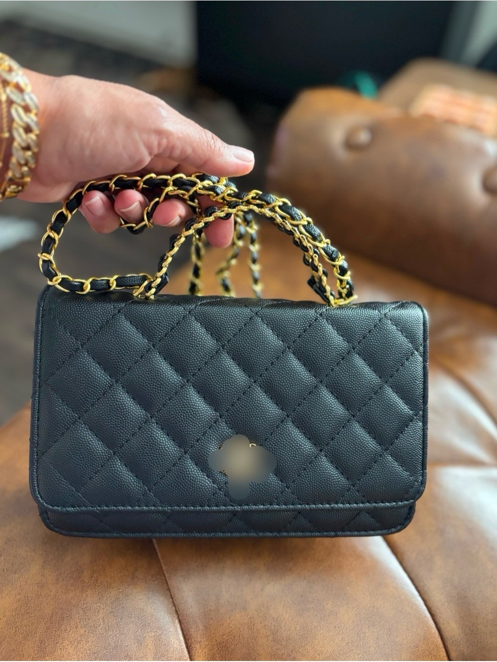Quilted Black Shoulder Bag with Gold-Trim Chain Handle